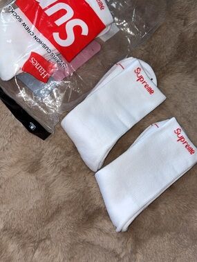 Supreme White Crew Socks with Red Logo - Pair